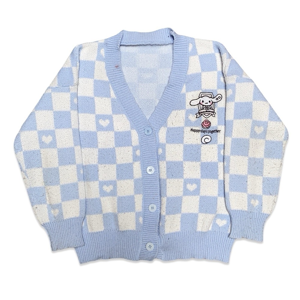 Sanrio Cinnamoroll Cardigan Sweater Womens Oversized Blue Checkered Heart M/L